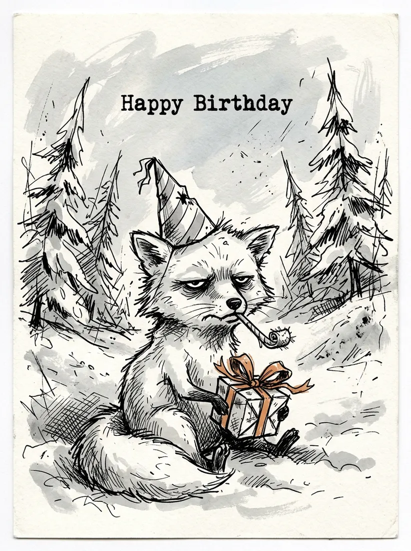 Ink and wash drawing of a small unimpressed Arctic fox in a paper party hat holding a badly wrapped present in the snow, a party horn drooping from its mouth, captioned Happy Birthday