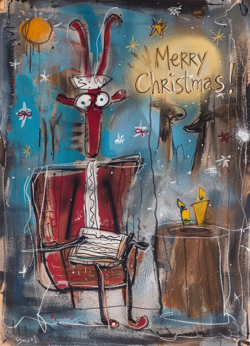 A figure in a red Santa suit with rabbit ears standing next to a floor lamp with two candles, with the text Merry Christmas painted on a blue and gray background.