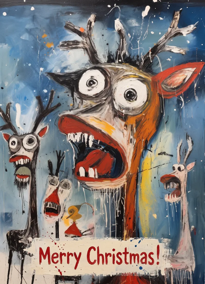 A chaotic painting of three wide-eyed reindeer with open mouths surrounding a small figure in red, with the text Merry Christmas at the bottom.