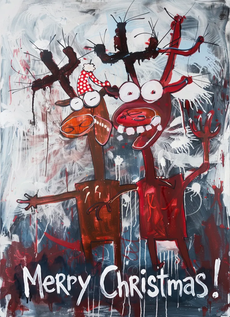 Two reindeer painted in brown and red with large white eyes and antlers stand side by side against a gray and white background with Merry Christmas written at the bottom.