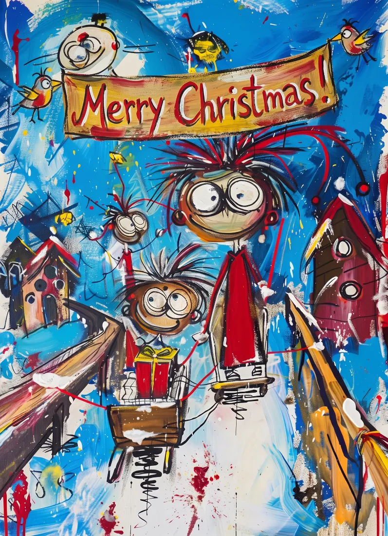 A chaotic painted scene showing wide-eyed round characters perched on rooftops and around a Merry Christmas banner, with small birds scattered throughout a snowy village setting.