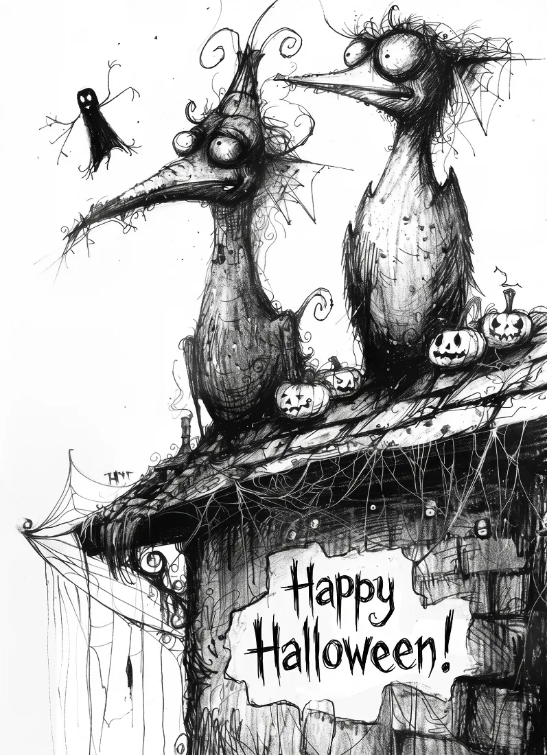 A black and white scribble-art illustration showing two tall, long-necked creatures with wild hair standing on a dark rooftop with jack-o'-lanterns, a small ghost floating nearby, and Happy Halloween text below.