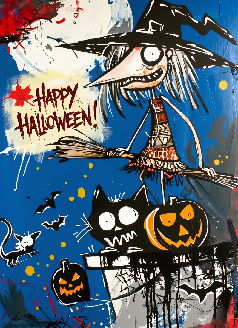 A chaotic Halloween scene with a grinning witch in a pointed hat riding a broomstick, surrounded by jack-o'-lanterns, bats, and a full moon against a blue background with red and white paint splatter.