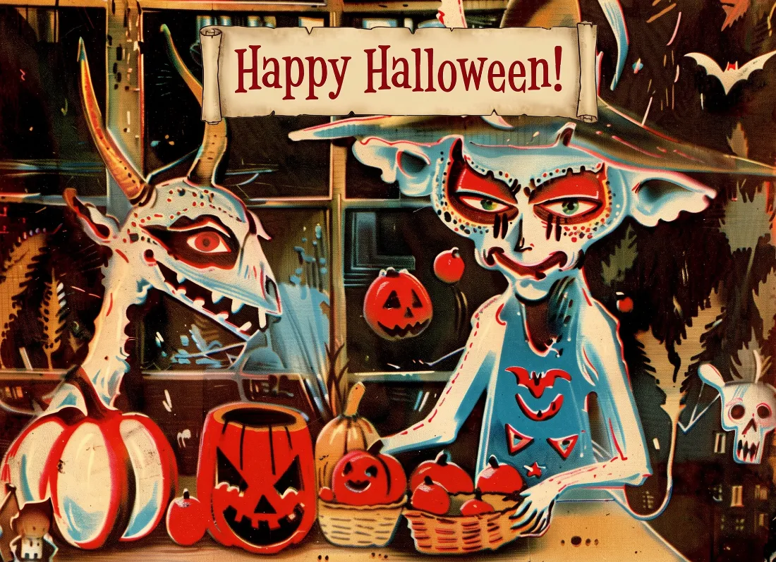 Two figures in decorative masks stand behind a table with carved pumpkins and baskets under a Happy Halloween banner.
