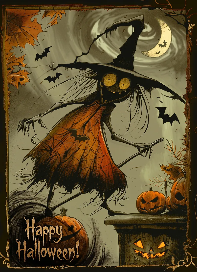 A tall, dark bird-like creature with glowing red eyes and wild black feathers stands holding a pumpkin, accompanied by a black cat with glowing eyes.