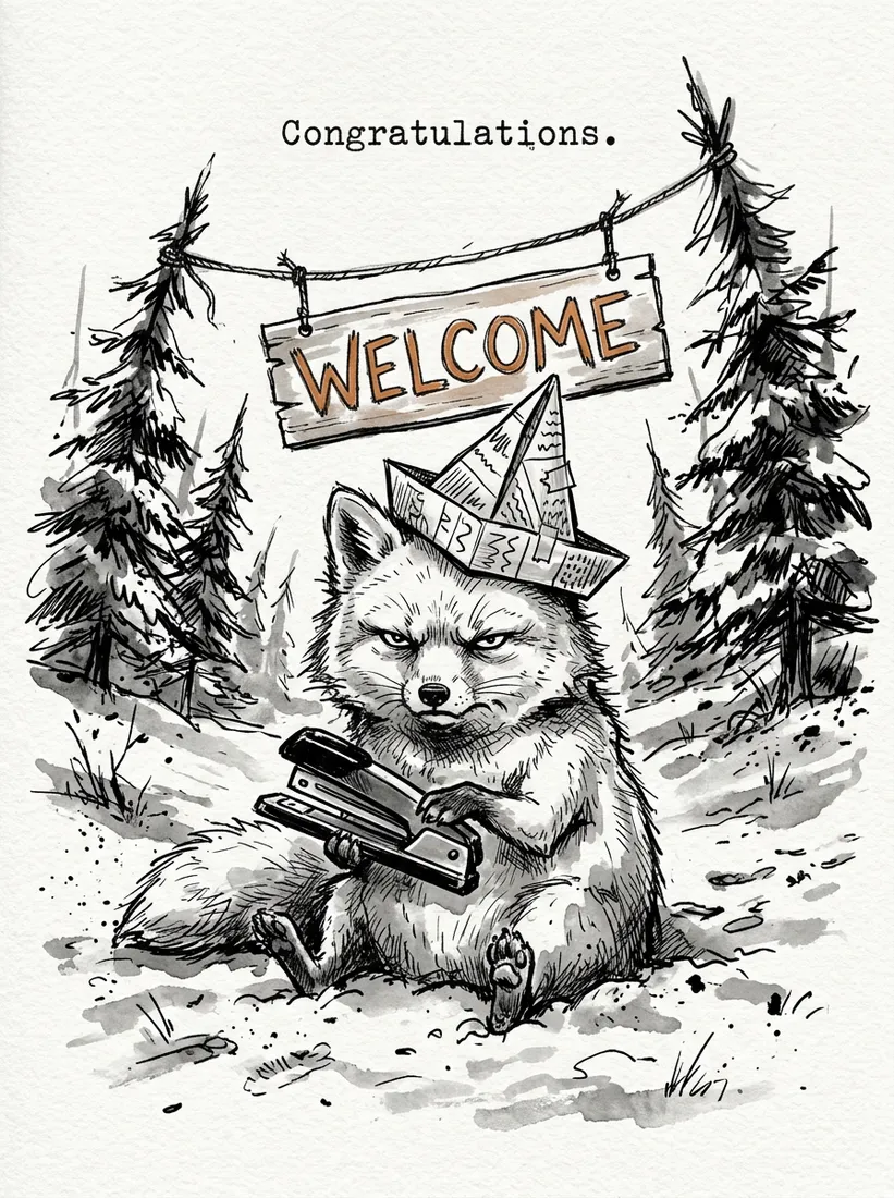 Ink and wash drawing of a small unimpressed Arctic fox in a paper party hat holding a stapler in the snow, a crooked Welcome sign behind it, captioned Congratulations